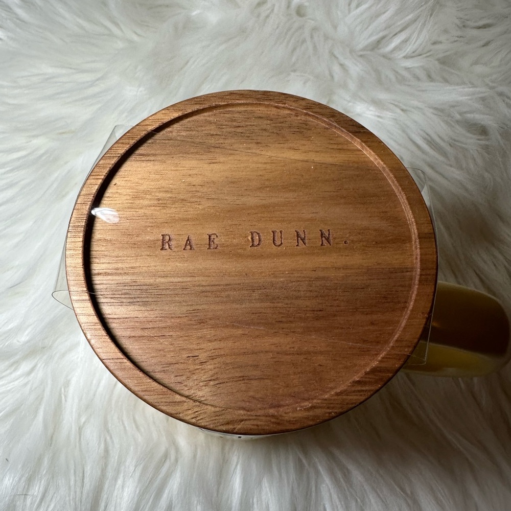 Rae Dunn Yellow Let’s Get Lost Mug with Wooden Lid/Coaster - Picture 4 of 4